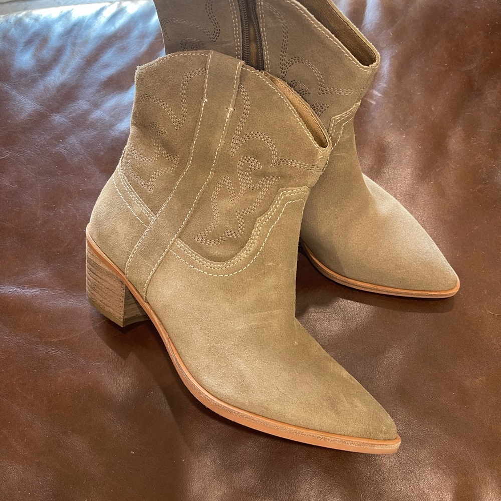 Dolce Vita Suede Western Ankle Boots in Taupe
